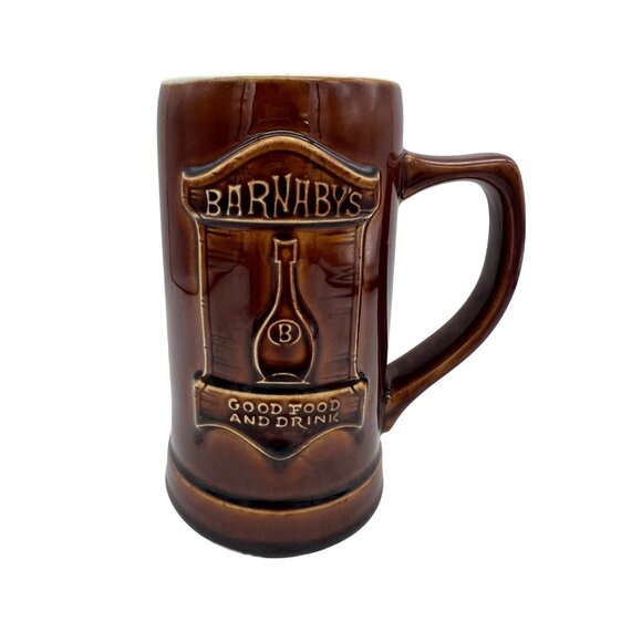 Barnabys Good Food & Drink Embossed Ceramic Stein Hall USA Brown Glaze Vintage - Picture 2 of 6